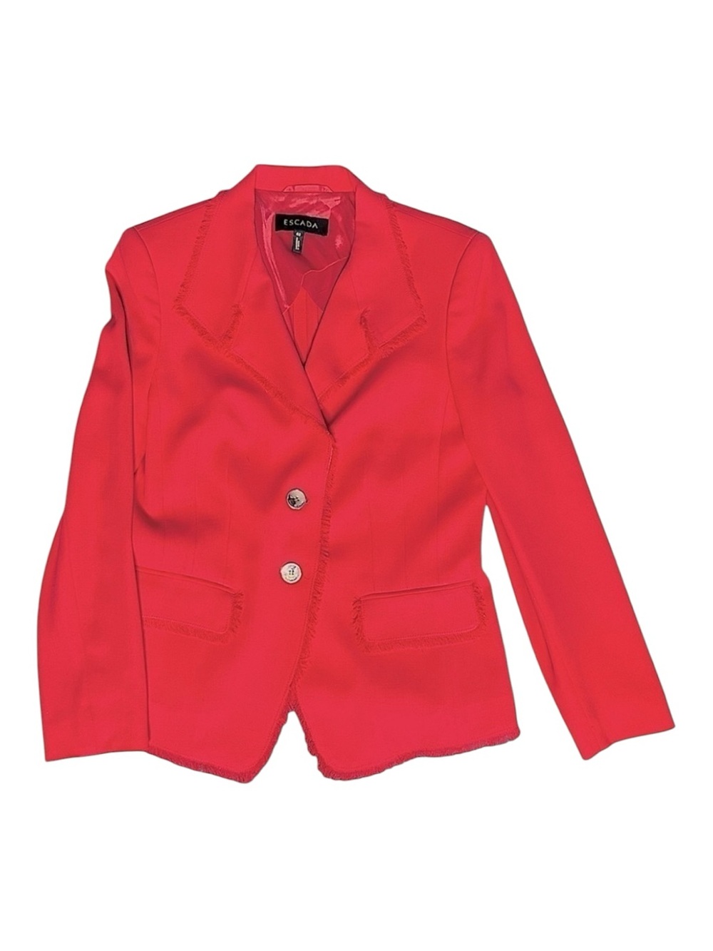 Escada 100% Virgin Wool Red Blazer Pointed Collar Gold Button Closure 40